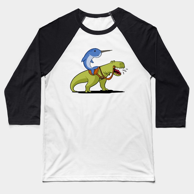 Narwhal Riding T-Rex Dinosaur Baseball T-Shirt by underheaven